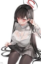 Rule 34 | 1girl, absurdres, black bra, black hair, black pantyhose, black skirt, blue archive, blush, bra, bra visible through clothes, bright pupils, dolechan, hair ornament, hairclip, halo, highres, long hair, pantyhose, pleated skirt, red eyes, ribbed sweater, rio (blue archive), skirt, solo, sweater, turtleneck, turtleneck sweater, underwear, very long hair, wet, wet clothes, white pupils, white sweater