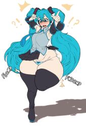 Rule 34 | !, !?, 1girl, ?, armpits, ass, ass expansion, bare shoulders, blue eyes, blush, boots, bow, bow panties, breasts, curvy, detached sleeves, green hair, green nails, green necktie, hatsune miku, highres, huge ass, koi alive, leg up, long hair, looking down, medium breasts, necktie, open mouth, panties, pointing, skirt, solo, striped clothes, striped panties, surprised, thick thighs, thigh boots, thighs, underwear, v, very long hair, vocaloid, white background, wide hips, wide sleeves