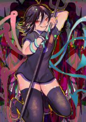 1girl abstract_background absurdres antenna_hair arm_up asymmetrical_wings black_dress black_hair black_thighhighs bow bowtie breasts dress grin hair_between_eyes hand_up highres holding holding_polearm holding_weapon houjuu_nue looking_at_viewer medium_hair one-hour_drawing_challenge outline pointy_ears polearm red_bow red_bowtie red_eyes red_footwear short_sleeves small_breasts smile snake solo thighhighs touhou trident uneven_eyes weapon wings wrist_cuffs yamazaki_tsukune yellow_outline