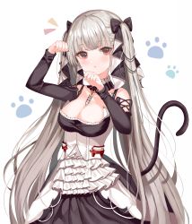 Rule 34 | 1girl, absurdres, azur lane, bad id, bad pixiv id, black dress, bow, breasts, cat tail, cleavage, collarbone, detached collar, dress, formidable (azur lane), frilled dress, frills, hair bow, hand up, highres, huge filesize, large breasts, long hair, long sleeves, looking at viewer, parted lips, paw print, paw print background, red eyes, shaffelli, silver hair, solo, tail, twintails, upper body, very long hair, white background