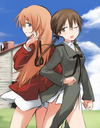 Rule 34 | 2girls, blue eyes, brown eyes, brown hair, charlotte e. yeager, cloud, day, gertrud barkhorn, headphones, long hair, military, military uniform, multiple girls, one eye closed, open mouth, orange hair, sandwich (artist), sky, strike witches, tsuchii (ramakifrau), twintails, uniform, wink, world witches series
