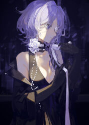 Rule 34 | 1girl, absurdres, alternate costume, arknights, black dress, black gloves, blue background, breasts, cleavage, commentary, dress, eyepatch, flower, flower eyepatch, gloves, hand up, highres, jewelry, light purple hair, looking to the side, medium breasts, miike (992058), neck ribbon, necklace, pearl necklace, purple eyes, ribbon, rose, short hair, simple background, solo, whisperain (arknights), white flower, white ribbon, white rose
