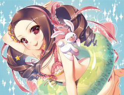 Rule 34 | 1girl, alternate breast size, alternate hairstyle, bare shoulders, blush, blush stickers, breasts, brown hair, cleavage, frills, hair ornament, hairband, idolmaster, idolmaster (classic), long hair, minase iori, mitsumomo mamu, one eye closed, open mouth, rabbit, red eyes, smile, solo, star (symbol), stuffed animal, stuffed rabbit, stuffed toy, tongue, transparent, wink