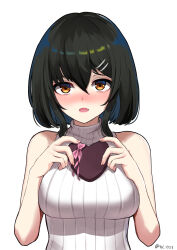 Rule 34 | 1girl, artist name, black hair, blue hair, blush, bob cut, box, box of chocolates, breasts, brown eyes, colored inner hair, commentary, fang, heart-shaped box, highres, large breasts, linzere, looking at viewer, medium hair, multicolored hair, original, pale skin, parted lips, ribbed sweater, simple background, skin fang, sleeveless, sleeveless sweater, sleeveless turtleneck, solo, sweater, symbol-only commentary, turtleneck, twitter username, upper body, watermark, white background