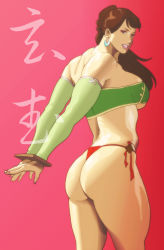 Rule 34 | 1girl, arms behind back, ass, bikini, breasts, brown eyes, brown hair, detached sleeves, earrings, elbow gloves, eyeshadow, gloves, highres, jewelry, lipstick, liu mei-xing, long hair, looking at viewer, makeup, muscular, nappii (nappy happy), original, ponytail, shiny skin, side-tie bikini bottom, simple background, solo, swimsuit, thick thighs, thighs, thong, thong bikini, underboob