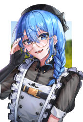 Rule 34 | 1girl, absurdres, black gloves, black hat, blue eyes, blue hair, border, bow, braid, collared shirt, commentary, earrings, fingerless gloves, flat chest, frills, glasses, gloves, hair ornament, hair over shoulder, hairclip, hand up, hat, hat bow, highres, hololive, hoshimachi suisei, hoshimachi suisei (maid), jewelry, long hair, looking at viewer, maid, open mouth, outside border, see-through, see-through shirt, shirt, short sleeves, smile, solo, star (symbol), star in eye, symbol-only commentary, symbol in eye, teeth, upper body, virtual youtuber, white border, yaki cheese