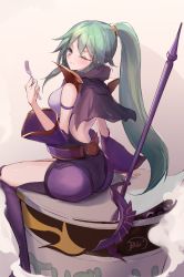 Rule 34 | 1girl, back cutout, bare shoulders, blush, breasts, capelet, clothing cutout, commentary, cup ramen, detached sleeves, duel monster, el shaddoll winda, feet out of frame, fork, gishihi, green eyes, green hair, green nails, high ponytail, highres, holding, holding fork, instant fusion, long hair, looking at viewer, nail polish, noodle stopper, one eye closed, ponytail, purple legwear, shadow, signature, sitting, sketch, solo, staff, steam, wide sleeves, winda (yu-gi-oh!), winda priestess of gusto, yu-gi-oh!