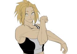 Rule 34 | 1girl, bad id, bad twitter id, bare arms, biceps, blonde hair, captain aevul, fang, gyeoggi 3 ban, mixed martial arts, muscular, muscular female, sports bra, stretching, white background, yeo eun-sol