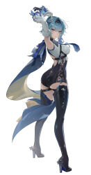 Rule 34 | 1girl, absurdres, armpits, arms up, ass, back cutout, black footwear, black gloves, black hairband, black shorts, blue cape, blue hair, blue necktie, boots, breasts, cape, closed mouth, clothing cutout, commentary request, commission, detached sleeves, eula (genshin impact), from behind, from side, full body, genshin impact, gloves, hairband, high-waist shorts, high heel boots, high heels, highres, long hair, looking at viewer, medium breasts, necktie, pixiv commission, purple eyes, shirt, shorts, simple background, sleeveless, sleeveless shirt, solo, sssong aa, standing, thigh boots, white background, white shirt, white sleeves