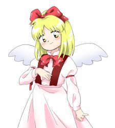 Rule 34 | 1girl, angel wings, arm at side, blonde hair, blush, bow, bowtie, closed mouth, collared shirt, cowboy shot, gengetsu (touhou), hair bow, hand up, head tilt, high-waist skirt, high collar, juliet sleeves, light smile, long sleeves, looking at viewer, mandarin collar, medium hair, nonamejd, official style, puffy sleeves, red bow, red bowtie, red ribbon, ribbon, shirt, shirt tucked in, simple background, skirt, sleeve garter, solo, standing, straight hair, suspender skirt, suspenders, tareme, touhou, touhou (pc-98), white background, white shirt, white skirt, white wings, wings, yellow eyes, zun (style)