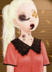 Rule 34 | 1girl, bandaid, blonde hair, bruise, bruise on face, bug, centipede, dress, guro, horror (theme), injury, open mouth, pale skin, ponytail, realistic, red dress, saccstry, solo, wavy hair