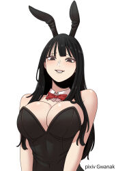 Rule 34 | 1girl, artist name, bare shoulders, beautiful gunbari, black eyes, black hair, black leotard, bow, bowtie, breasts, character request, cleavage, detached collar, grin, gwanak, highres, im-dana, large breasts, leotard, long hair, looking at viewer, mole, mole under eye, playboy bunny, red bow, simple background, smile, solo, upper body, white background