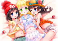 Rule 34 | 3girls, absurdres, arm grab, bare shoulders, beanie, bed sheet, belt, black hair, blonde hair, blue eyes, bluebird (bluebird90), blunt bangs, blush, braid, breasts, brown hat, cleavage, collarbone, creatures (company), dual persona, dutch angle, flower, french braid, from above, game freak, girl sandwich, green eyes, green shorts, hand up, hands up, hat, hat flower, heart, heart-shaped pupils, highres, holding hands, lillie (pokemon), looking to the side, lying, midriff, multiple girls, navel, nintendo, on back, on side, one eye closed, open mouth, orange shirt, pink flower, pleated skirt, poke ball, poke ball (basic), pokemon, pokemon sm, pokemon usum, red hat, sandwiched, selene (pokemon), selene (pokemon usum), shirt, short hair, short shorts, short sleeves, shorts, simple background, skirt, sleeveless, sleeveless shirt, small breasts, smile, spaghetti strap, swept bangs, symbol-shaped pupils, twin braids, v-shaped eyebrows, white background, white shirt, white shorts, white skirt, wink, yellow shirt, yuri