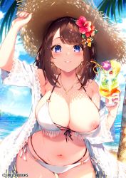 Rule 34 | 1girl, arm up, bad id, bad pixiv id, bare shoulders, beach, bikini, blue sky, blush, breasts, brown hair, brown hat, cleavage, cloud, collarbone, commentary request, cowboy shot, cup, day, drinking straw, earrings, flower, front-tie bikini top, front-tie top, gluteal fold, hair flower, hair ornament, hairclip, hat, hibiscus, highres, holding, jewelry, kat (bu-kunn), large breasts, long hair, looking at viewer, multi-strapped bikini, navel, nipple slip, nipples, o-ring, o-ring bikini, ocean, off shoulder, original, outdoors, palm tree, parted lips, purple eyes, red flower, sand, side-tie bikini bottom, skindentation, sky, smile, solo, stomach, straw hat, swimsuit, thighs, tree, tropical, water, white bikini