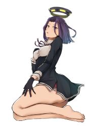 Rule 34 | 10s, 1girl, ass, bare legs, barefoot, black gloves, full body, gloves, hair intakes, halo, hand on own thigh, hand on thigh, headgear, highres, kantai collection, long sleeves, looking at viewer, looking back, mechanical halo, moshoko (mizuneroku), purple eyes, purple hair, school uniform, short hair, simple background, skirt, solo, tatsuta (kancolle), white background
