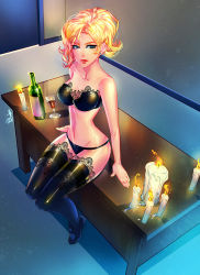 Rule 34 | 1girl, 2017, absurdres, alcohol, arms at sides, bare shoulders, black bra, black panties, black thighhighs, blonde hair, blue eyes, bottle, bra, breasts, candle, cleavage, collarbone, cup, dated, drinking glass, earrings, eyelashes, eyeliner, fire, from above, glass, groin, highres, huge filesize, indoors, jewelry, lace, lace-trimmed bra, lace-trimmed legwear, lace-trimmed panties, lace trim, large breasts, legs together, lingerie, lipstick, looking at viewer, makeup, md5 mismatch, medium breasts, mercy (overwatch), navel, overwatch, overwatch 1, panties, parted lips, ponytail, red lips, signature, sitting, sitting on table, solo, stomach, strapless, strapless bra, stud earrings, table, thighhighs, topsu, underwear, underwear only, wine, wine bottle, wine glass