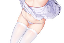 Rule 34 | absurdres, allenes, highres, navel, panties, pleated skirt, simple background, skirt, thick thighs, thigh gap, thighhighs, thighs, underwear, white background, white panties, white thighhighs