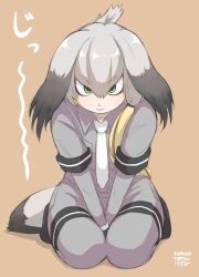 Rule 34 | 10s, 1girl, between legs, bird tail, black hair, blonde hair, bodystocking, brown background, closed mouth, collared shirt, dated, full body, gloves, green eyes, grey hair, grey necktie, grey shirt, grey shorts, hair between eyes, hair over shoulder, hakaden, hand between legs, highres, kemono friends, layered sleeves, light smile, long hair, long sleeves, looking at viewer, low ponytail, multicolored hair, necktie, seiza, shirt, shoebill (kemono friends), short over long sleeves, short sleeves, shorts, side ponytail, simple background, sitting, solo, sound effects, staring, tail, wing collar