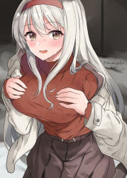 Rule 34 | 1girl, artist name, black skirt, blush, breasts, brown eyes, hands on own chest, headband, highres, kantai collection, large breasts, long hair, long sleeves, mizuta kenji, one-hour drawing challenge, open mouth, pleated skirt, red headband, red sweater, ribbed sweater, shoukaku (kancolle), signature, skirt, solo, sweater, twitter username, white hair