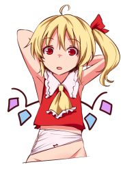 Rule 34 | 1girl, ahoge, armpits, arms behind head, arms up, ascot, blonde hair, flandre scarlet, groin, looking at viewer, miyo (ranthath), no headwear, open mouth, out-of-frame censoring, panties, red eyes, shirt, side ponytail, sleeveless, sleeveless shirt, solo, touhou, underwear, upper body, wardrobe error, white panties, wings, you&#039;re doing it wrong
