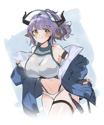 Rule 34 | 1girl, absurdres, animal ears, arknights, armband, bare shoulders, bikini, blue jacket, blush, breasts, commentary request, cowboy shot, grey bikini, highres, horns, jacket, large breasts, long sleeves, looking at viewer, off shoulder, official alternate costume, open clothes, open jacket, purple hair, retri, short hair, sideroca (arknights), sideroca (light breeze) (arknights), smile, solo, standing, swimsuit, thigh strap, thighs, visor cap, yellow eyes