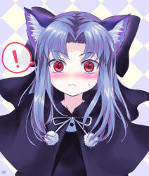 Rule 34 | !, 1girl, animal ears, argyle, argyle background, argyle clothes, black capelet, blue eyes, blush, bow, capelet, cat ears, commentary request, frown, hair bow, large bow, len (tsukihime), lo lis, long hair, pom pom (clothes), red eyes, slit pupils, solo, spoken exclamation mark, sweatdrop, tsukihime, upper body