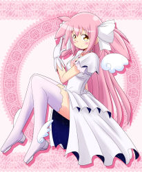 Rule 34 | artist request, bad id, bad pixiv id, boots, from side, full body, gloves, highres, kaname madoka, long hair, mahou shoujo madoka magica, mahou shoujo madoka magica (anime), pink hair, pink thighhighs, shoes, solo, thigh boots, thighhighs, twintails, two side up, ultimate madoka, very long hair, white gloves, winged footwear, wings, yellow eyes