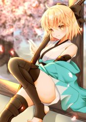 Rule 34 | 1girl, ahoge, armor, bad id, bad pixiv id, bare shoulders, barefoot, black bow, black thighhighs, blonde hair, blurry, blush, bow, cherry blossoms, closed mouth, depth of field, detached sleeves, fate (series), from side, hair bow, haori, highres, japanese armor, japanese clothes, katana, kimono, knee up, koha-ace, kote, long sleeves, looking to the side, off shoulder, okita souji (fate), okita souji (koha-ace), petals, scabbard, sheath, sheathed, sheepd, shinsengumi, short hair, short kimono, sitting, smile, solo, sword, thighhighs, thighs, toeless legwear, toes, weapon, yellow eyes