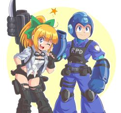 Rule 34 | 1boy, 1girl, arm cannon, blonde hair, bow, bulletproof vest, capcom, chaps, company connection, cosplay, cropped jacket, devil may cry (series), devil may cry 5, goggles, goggles around neck, hair bow, helmet, highres, jacket, kalina ann (weapon), knee pads, lady (devil may cry), lady (devil may cry) (cosplay), leon s. kennedy, leon s kennedy (cosplay), lewdamone, looking at viewer, mega man (character), mega man (classic), mega man (series), police, police uniform, ponytail, resident evil, resident evil 2, roll (mega man), short shorts, shorts, smile, uniform, weapon, weapon on back