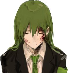 Rule 34 | 1boy, armband, black jacket, blood, blood on face, breasts, cleavage, closed eyes, collared shirt, facing viewer, green armband, green hair, green necktie, jacket, kitakawayui, long hair, long sleeves, male focus, necktie, netzach (project moon), portrait, project moon, shirt, simple background, solo, very long hair, white background, white shirt