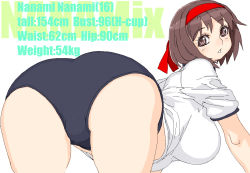 Rule 34 | 1girl, all fours, arched back, ass, bad id, bad pixiv id, bent over, blush, breasts, brown eyes, brown hair, gym uniform, hanging breasts, headband, large breasts, looking back, oekaki, short hair, simple background, solo, vrkdh