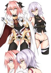 Rule 34 | 1boy, 1girl, androgynous, armor, armored dress, astolfo (fate), bandaged hand, bandages, bare shoulders, belt, black bow, black panties, black thighhighs, bow, braid, breasts, bridal garter, cape, cleavage, cleavage cutout, clothing cutout, commentary, crotch grab, fang, fate/apocrypha, fate (series), femdom, gluteal fold, grabbing, green eyes, hair intakes, hair ribbon, highres, jack the ripper (fate/apocrypha), medium breasts, multicolored hair, navel, open mouth, panties, pink hair, purple eyes, ribbon, scar, short hair, silver hair, streaked hair, sweatdrop, teeth, thigh gap, thighhighs, thighs, turn pale, underwear, watarase piro