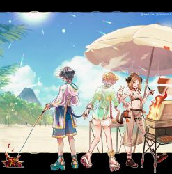 Rule 34 | 1girl, 2boys, absurdres, alternate costume, arknights, beach, beach umbrella, black hair, blue sky, brown hair, commentary request, cooking, day, demon horns, faust (arknights), food, grill, grilling, high heels, highres, holding tail, horns, ifrit (arknights), ifrit (sunburn) (arknights), jacket, kebab, kkr lm, letterboxed, material growth, mephisto (arknights), multiple boys, official alternate costume, originium slug (arknights), oripathy lesion (arknights), pointy ears, roller skates, sandals, see-through, shorts, skates, sky, tail, umbrella, volcano, white hair