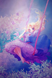 Rule 34 | 0niwanoki, 1girl, barefoot, belt, blonde hair, blue dress, blue eyes, bracelet, breasts, circlet, dress, earrings, floral background, full body, highres, jewelry, legs together, long hair, nintendo, petticoat, pointy ears, princess zelda, small breasts, solo, swing set, the legend of zelda, the legend of zelda: a link to the past, triforce