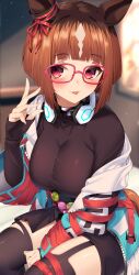 Rule 34 | 1girl, :p, absurdres, animal ears, black shirt, bob cut, bow, breasts, brown hair, commentary request, ear ribbon, glasses, headphones, headphones around neck, highres, horse ears, horse girl, jacket, jun (aousa0328), large breasts, long sleeves, looking at viewer, pink-framed eyewear, red eyes, red ribbon, ribbon, shirt, short hair, sitting, solo, thighs, tongue, tongue out, transcend (umamusume), umamusume, white jacket