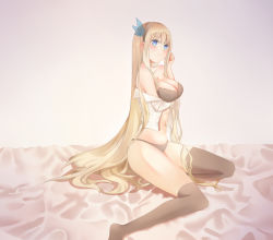 Rule 34 | 1girl, bed, bed sheet, black bra, black panties, black thighhighs, blonde hair, blue eyes, blunt bangs, bra, breast hold, breasts, cleavage, clothes pull, eyebrows, fun (233459), gradient background, hairband, head tilt, large breasts, lexington (warship girls r), long hair, long sleeves, looking afar, navel, no pants, off shoulder, open clothes, open shirt, panties, shirt, shirt pull, sidelocks, sitting, solo, stomach, thighhighs, underwear, very long hair, wariza, warship girls r, white shirt