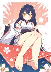 Rule 34 | 1girl, :o, bare legs, bare shoulders, barefoot, blue hair, blush, commission, feet, highres, japanese clothes, kimono, kohinata kuon, long hair, looking at viewer, onyhakase, orange eyes, original, second-party source, sitting, skeb commission, solo, toenails, toes