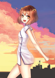 Rule 34 | 10s, 1girl, ass, bad id, bad pixiv id, bob cut, brown hair, china dress, chinese clothes, chromatic aberration, city, dress, hair ribbon, kantai collection, looking at viewer, meaomao, no panties, open mouth, ribbon, see-through, short dress, short hair, side slit, silhouette, solo, tan yang (kancolle), thick thighs, thighs, twilight, white theme, yellow eyes, yukikaze (kancolle)