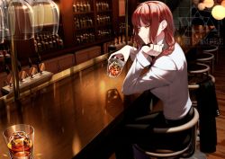 Rule 34 | 1girl, alcohol, bar (place), black pants, braid, braided ponytail, chainsaw man, chair, cluseller, collared shirt, counter, cup, drinking glass, formal, holding, holding cup, ice, indoors, makima (chainsaw man), pants, red hair, shirt, shirt tucked in, sitting, smile, white shirt, yellow eyes