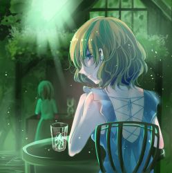 Rule 34 | 2girls, blonde hair, blue eyes, chair, commentary request, green theme, highres, kokonoha mikage, leaf, light, looking at viewer, looking back, maribel hearn, medium hair, multiple girls, no headwear, parted lips, profile, table, touhou, usami renko, wavy hair