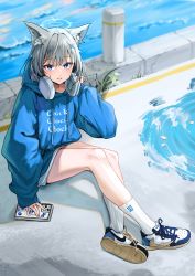 Rule 34 | 1girl, absurdres, air jordan, air jordan 1, alternate costume, animal ear fluff, animal ears, blue archive, blue hoodie, blurry, blurry background, cat ears, cellphone, cross hair ornament, fragment, full body, grey hair, hair ornament, halo, headphones, headphones around neck, highres, hood, hoodie, kinking, knee up, long sleeves, looking at viewer, nike (company), open mouth, phone, puddle, shiroko (blue archive), shoes, sitting, smartphone, sneakers, socks, solo, travis scott, water, white socks