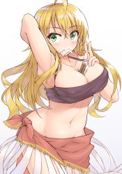 Rule 34 | 1girl, ahoge, arm behind head, arm up, armpits, bandeau, between breasts, blonde hair, blush, breasts, cleavage, collarbone, cosplay, covered erect nipples, cowboy shot, curvy, green eyes, groin, halterneck, highres, hoshii miki, idolmaster, idolmaster (classic), large breasts, long hair, looking at viewer, midriff, mouth hold, navel, oriana thomason, oriana thomason (cosplay), sarong, shunichi, sidelocks, smile, solo, stomach, strapless, tube top, wide hips