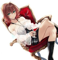 Rule 34 | 1girl, bare shoulders, boots, breasts, brown hair, character request, collarbone, cup, drinking glass, dutch angle, green eyes, halterneck, highres, crossed legs, medium hair, mikado ryouko, miniskirt, nicky w, see-through, sitting, skirt, smile, throne, to love-ru, white background, wine glass