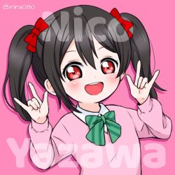 Rule 34 | 1girl, artist name, artist request, black hair, blush, bow, bowtie, breasts, cardigan, collared shirt, double m/, female focus, green bow, green bowtie, hair between eyes, hair bow, jacket, long hair, long sleeves, looking at viewer, love live!, love live! school idol project, nico nico nii, otonokizaka school uniform, parted lips, pink background, pink cardigan, pink jacket, pink shirt, red bow, red eyes, school uniform, shirt, short hair, short twintails, small breasts, smile, solo, striped bow, striped bowtie, striped clothes, twintails, upper body, yazawa nico