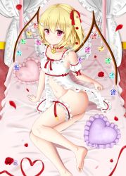 Rule 34 | 1girl, absurdres, arm support, ass, babydoll, bare legs, bare shoulders, blonde hair, blush, breasts, bridal garter, commentary request, crystal, flandre scarlet, frown, hair ornament, hair ribbon, heart, heart-shaped pillow, highres, indoors, jewelry, looking at viewer, lying, medium hair, navel, necklace, nyanyanoruru, on bed, on side, petals, pillow, red eyes, red ribbon, ribbon, side ponytail, small breasts, solo, touhou, vampire, white babydoll, wings, x hair ornament