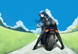 Rule 34 | 1girl, ass, bent over, biker clothes, bikesuit, blue hair, blush, bodysuit, breasts, closed mouth, cloud, day, from behind, full body, long hair, looking at viewer, looking back, medium breasts, metalbolic, motor vehicle, motorcycle, original, outdoors, parted bangs, red eyes, riding, road, smile, solo