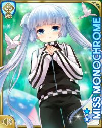 Rule 34 | 1girl, black jacket, black pants, blue eyes, blunt bangs, card, character name, checker pattern, closed mouth, day, girlfriend (kari), jacket, miss monochrome, miss monochrome (character), official art, outdoors, pants, qp:flapper, school uniform, shirt, smile, solo, tagme, track jacket, track pants, track suit, twintails, white footwear, white hair, white shirt
