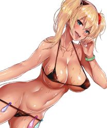 Rule 34 | 1girl, areola slip, arm at side, bare arms, bare shoulders, bikini, black bikini, black ribbon, blonde hair, blue eyes, blush, bracelet, breasts, cleavage, cocq taichou, commentary request, condom, condom belt, copyright request, covered erect nipples, cowboy shot, earrings, eyelashes, fellatio gesture, fingernails, gluteal fold, groin, gyaru, hair between eyes, hair ornament, hair ribbon, hair scrunchie, half-closed eyes, highres, jewelry, large breasts, long fingernails, long hair, looking at viewer, lowleg, lowleg bikini, micro bikini, multiple condoms, nail polish, navel, open mouth, oral invitation, original, pink nails, ribbon, ring, scrunchie, sexually suggestive, smile, solo, standing, stomach, strap gap, stud earrings, sweat, swimsuit, teeth, tongue, tongue out, twintails, used condom