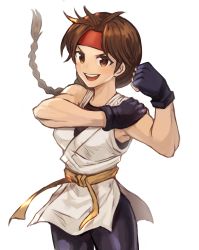 Rule 34 | 1girl, absurdres, black gloves, braid, breasts, brown eyes, brown hair, clenched hand, cowboy shot, dougi, fingerless gloves, gloves, headband, highres, looking at viewer, muscular, muscular female, open mouth, ryuuko no ken, simple background, single braid, smile, solo, sookmo, spandex, teeth, the king of fighters, upper teeth only, v-shaped eyebrows, white background, yuri sakazaki