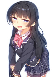 Rule 34 | 1girl, :d, black hair, blue eyes, bow, bowtie, braid, commentary request, french braid, hair ornament, hairclip, half-closed eyes, long hair, looking at viewer, nijisanji, open mouth, pink bow, pink bowtie, plaid, plaid skirt, pleated skirt, racer (magnet), school uniform, simple background, skirt, smile, solo, tsukino mito, tsukino mito (1st costume), virtual youtuber, white background